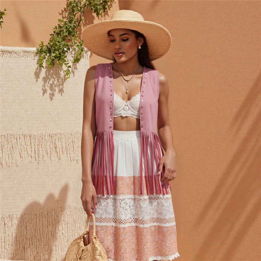 Women Vintage Sleeveless Faux Suede Fringe Vest Rivets Leather Western Boho Tassel Jacket Open Front Hippie Cardigan 2025
