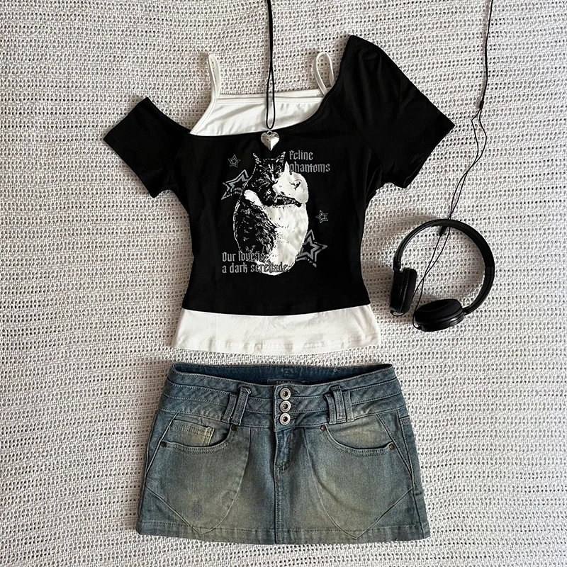 Asthetische Goth Fledermaus Brief Y2K Stil Zweitelige T-Shirt Kurzarm Weste Harajuku Streetwear Hosenträger Frauen Kleidung Shir