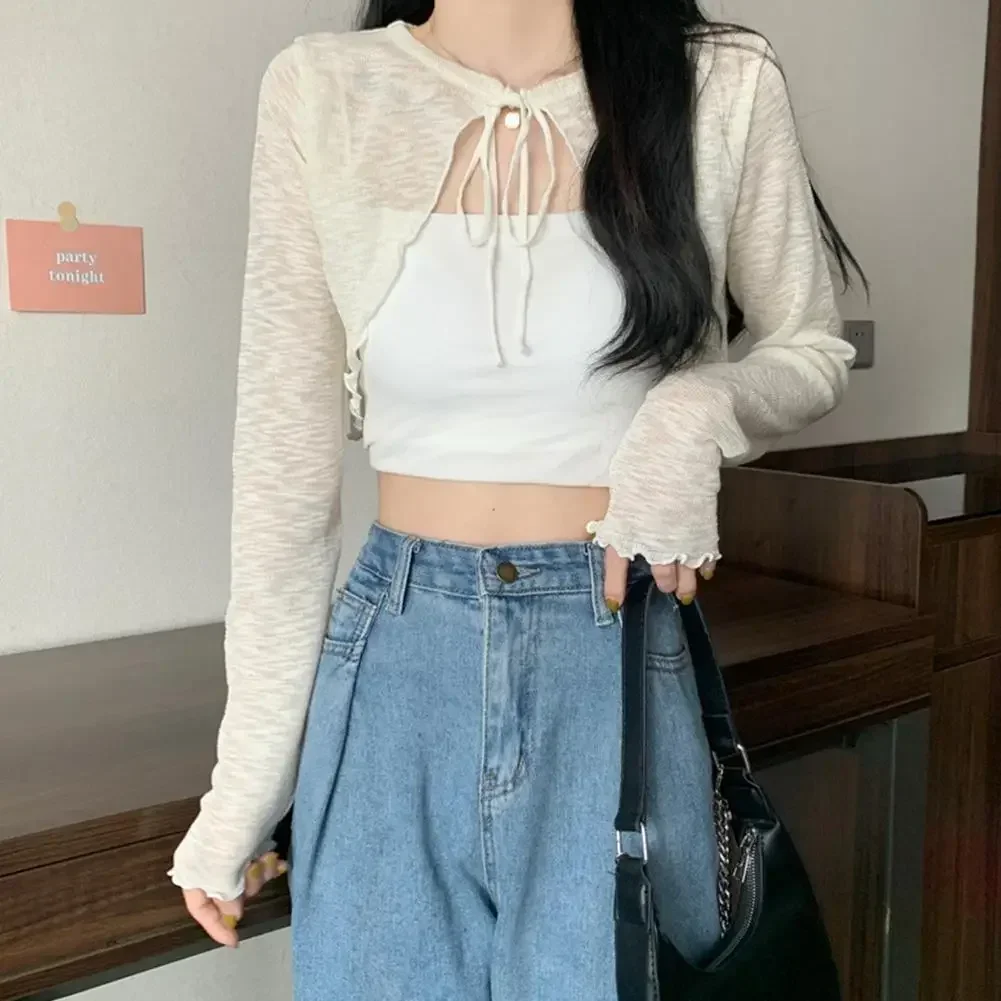 Summer Women Thin Sunscreen Cardigan Lace-up Knitwear Tops Female Korean Style Lantern Sleeve Short Coat Casual Sun Protected
