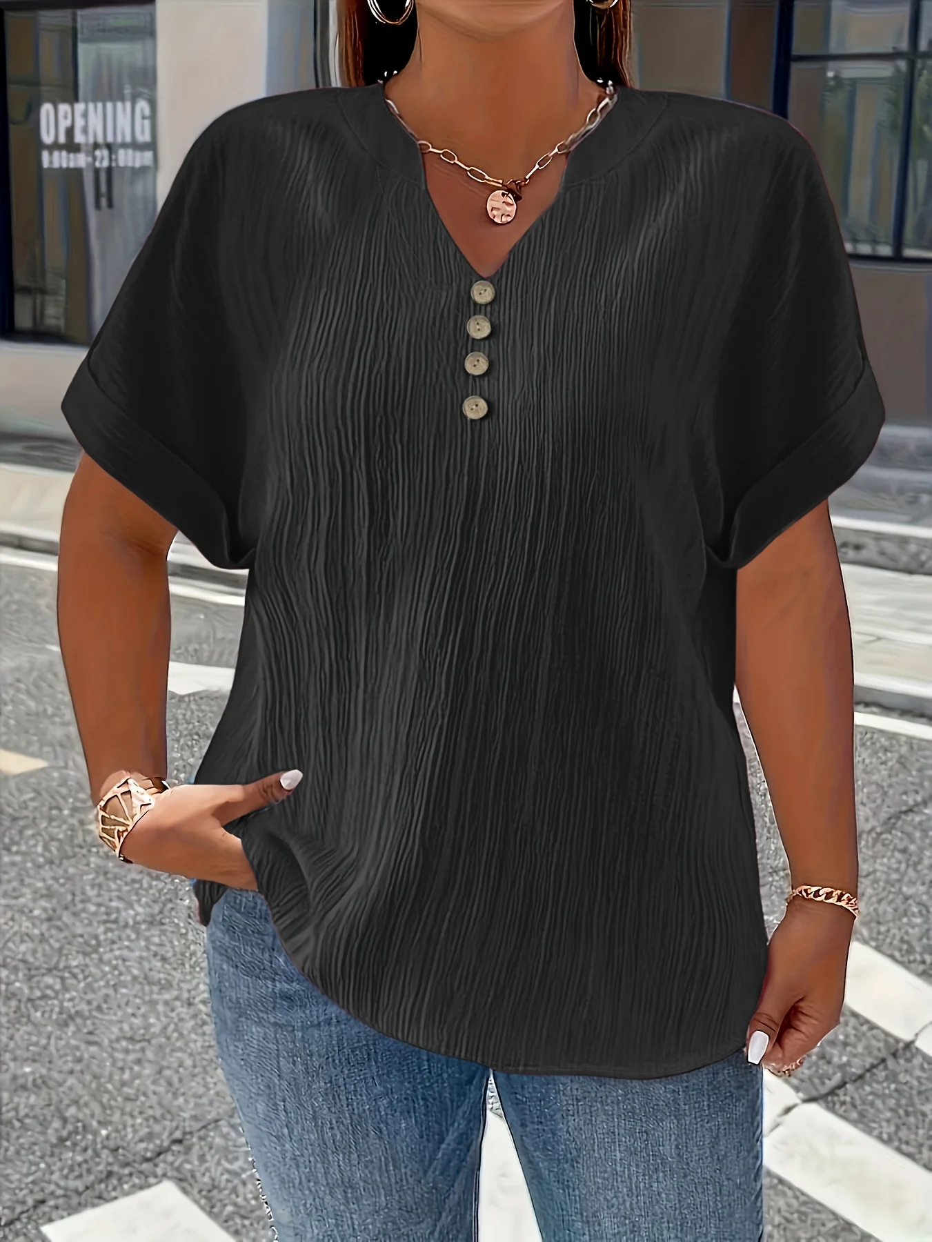 Plus Size Women's Casual Crinkle Blouse with Button Detail Relaxed Fit Short Sleeve Top