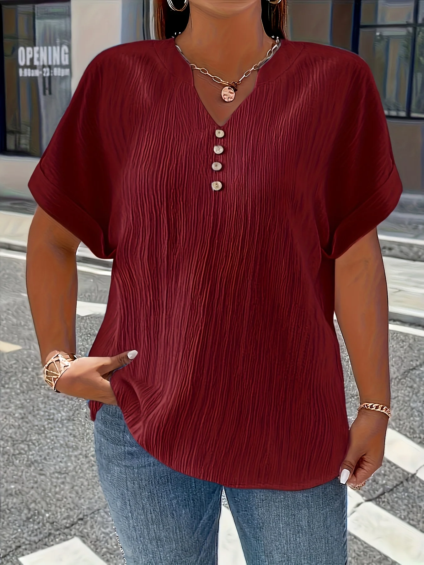 Plus Size Women's Casual Crinkle Blouse with Button Detail Relaxed Fit Short Sleeve Top