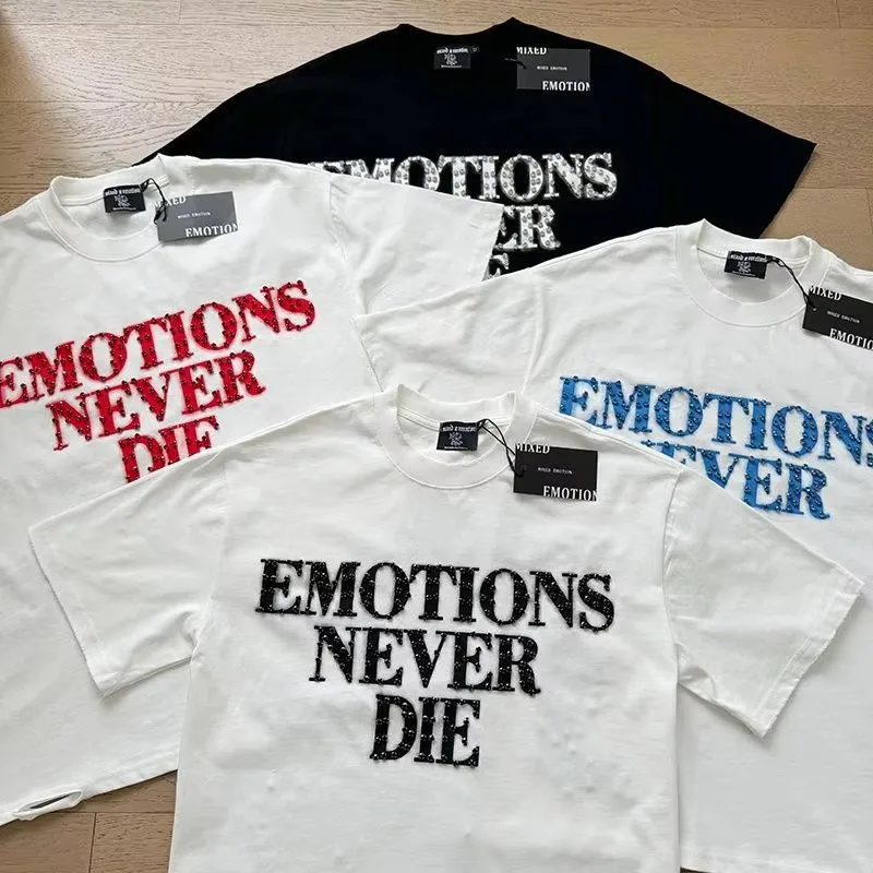 MIXED EMOTION Shirt Rhinestone Short Sleeve Men Women T-shirt Streetwear 100% Cotton Loose Round Neck Top Tees Oversized Tee Top
