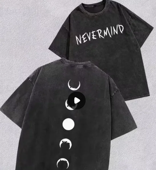A Double-sided "NEVERMIND Lunar Phase Changes" Retro-style Printed Vintage Washed Distressed Crew Neck T-shirt