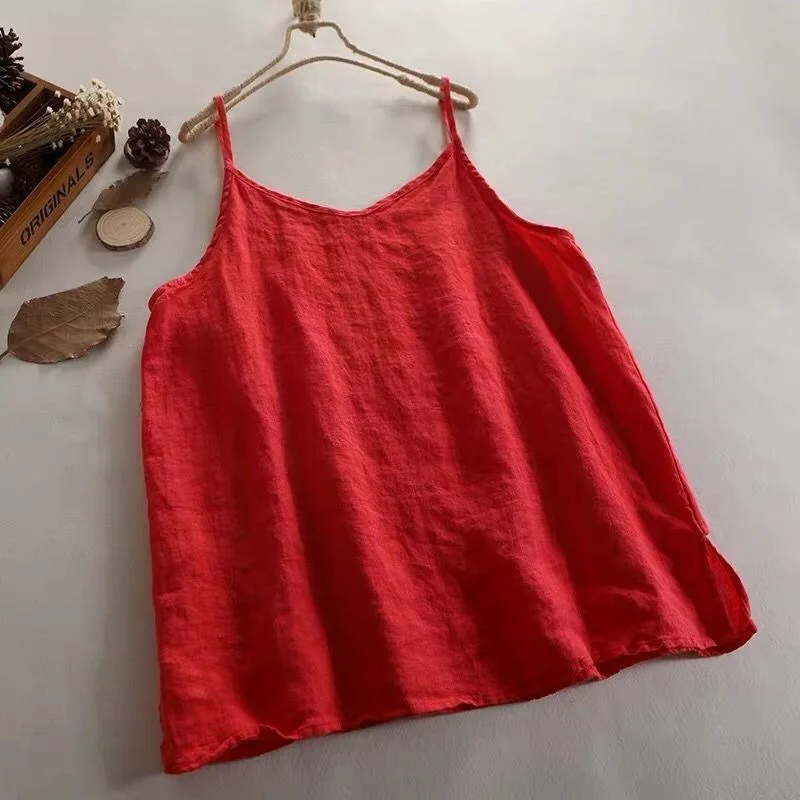 Summer Simple All-match Top Loose Thin Camisole Solid V-neck Vest Women Clothing Sleeveless Casual Highstreet Holiday T-shirt