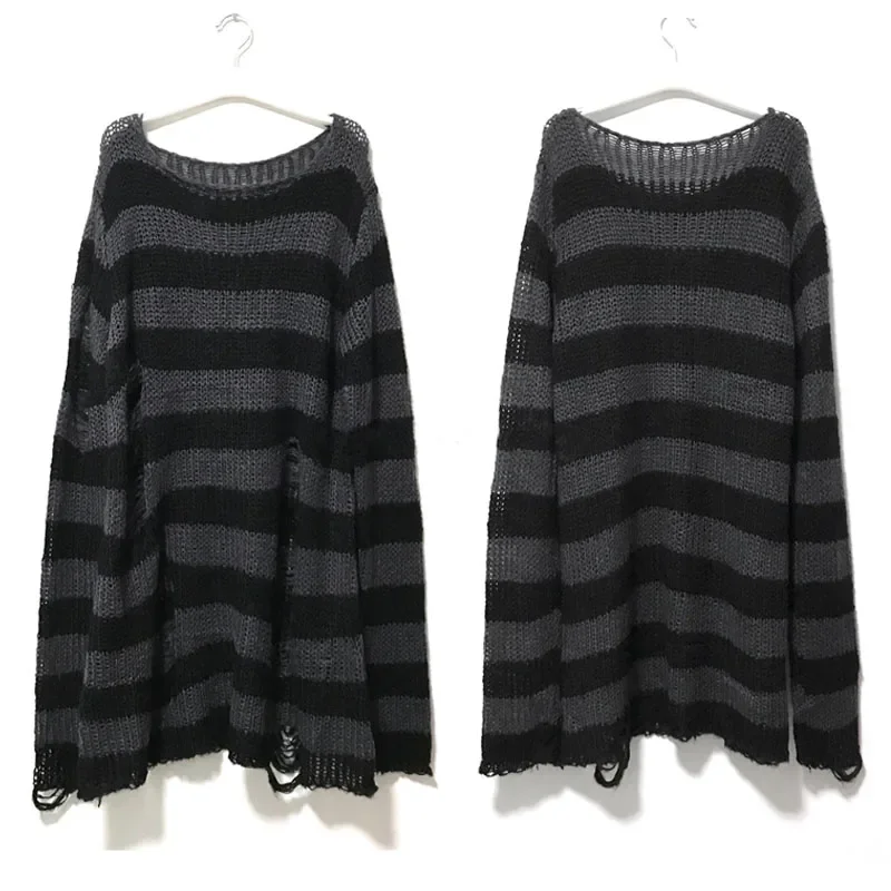 New Streetwear Top Punk Gothic Long Unisex Sweater Summer Women Striped Cool Hollow Out Hole Broken Jumper Loose Rock Thin Dark
