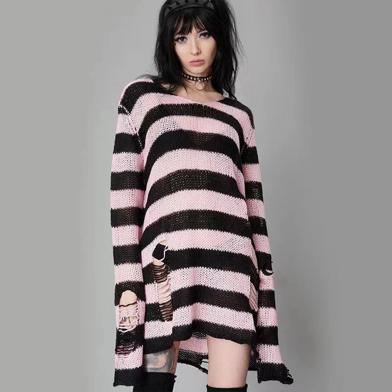 New Streetwear Top Punk Gothic Long Unisex Sweater Summer Women Striped Cool Hollow Out Hole Broken Jumper Loose Rock Thin Dark