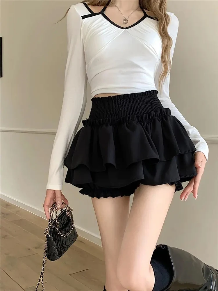 Windproof and anti glare pleated skirt, summer women's black ballet A-line skirt, high waist slimming shorts skirt, cake skirt