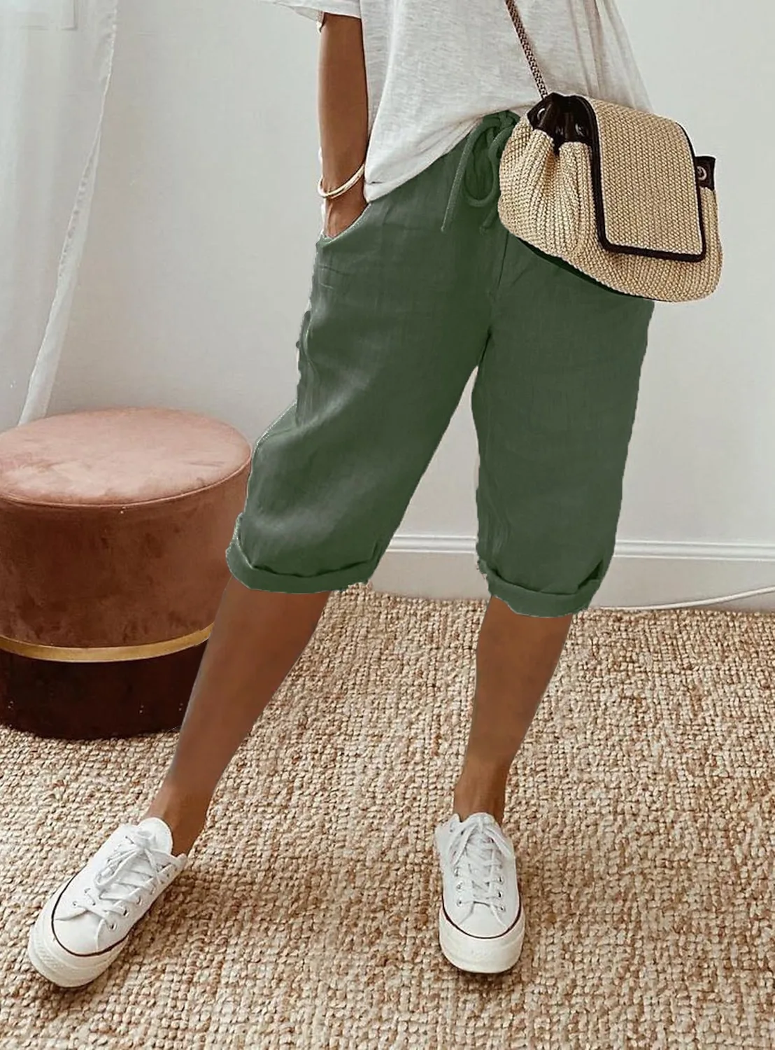 European and American Cross-Border New Summer Cotton and Linen Pocket Elastic Casual Pants for Women Five Quarter Pants