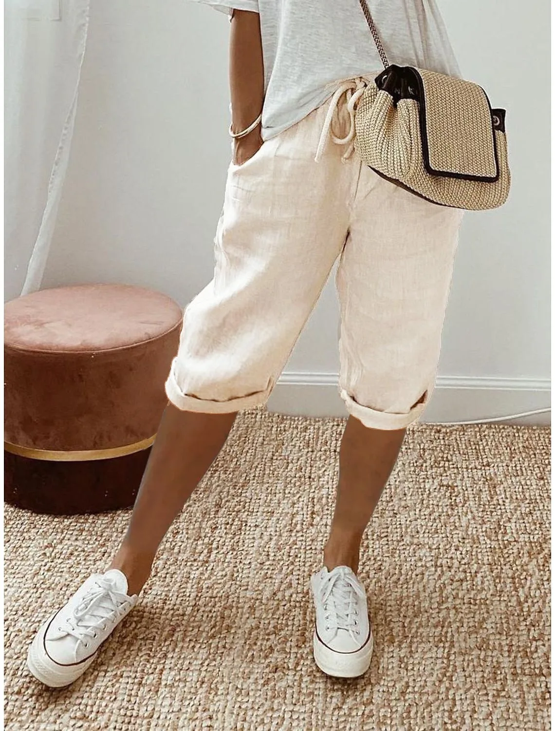 European and American Cross-Border New Summer Cotton and Linen Pocket Elastic Casual Pants for Women Five Quarter Pants