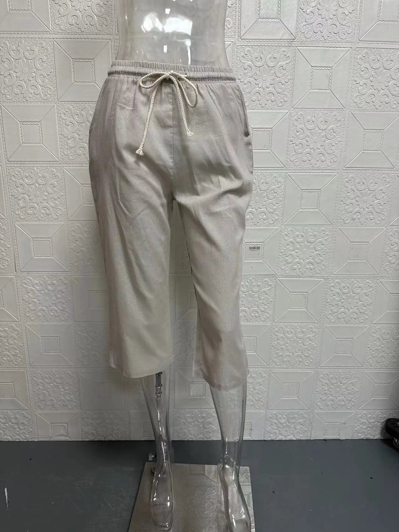 European and American Cross-Border New Summer Cotton and Linen Pocket Elastic Casual Pants for Women Five Quarter Pants