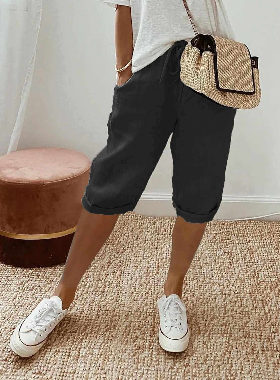 European and American Cross-Border New Summer Cotton and Linen Pocket Elastic Casual Pants for Women Five Quarter Pants