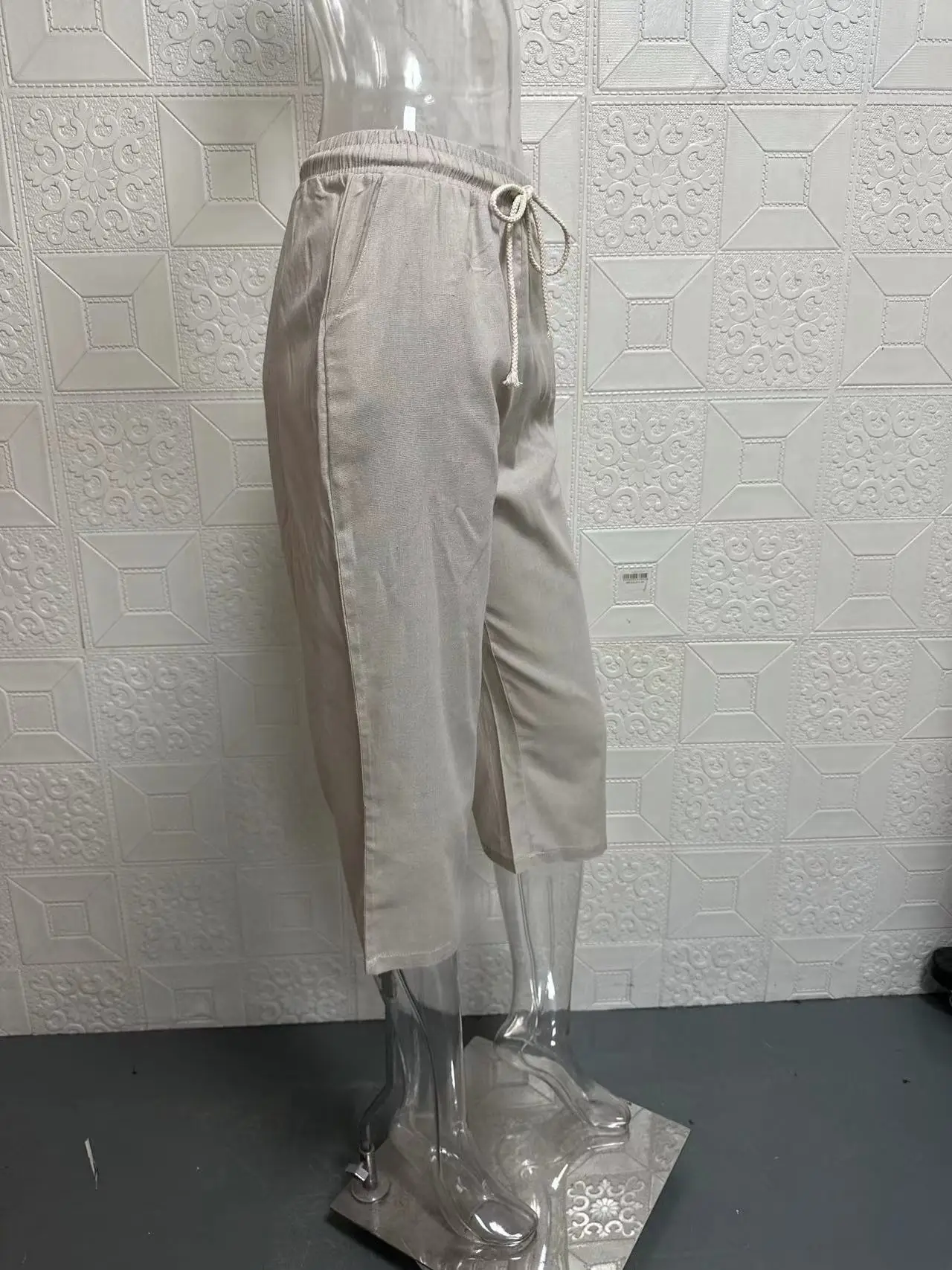 European and American Cross-Border New Summer Cotton and Linen Pocket Elastic Casual Pants for Women Five Quarter Pants