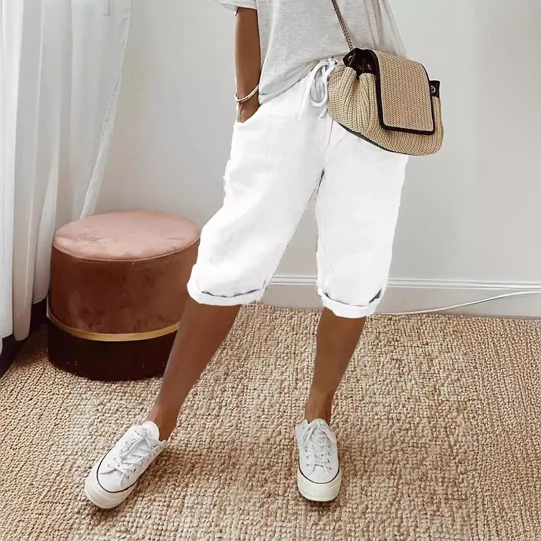 European and American Cross-Border New Summer Cotton and Linen Pocket Elastic Casual Pants for Women Five Quarter Pants