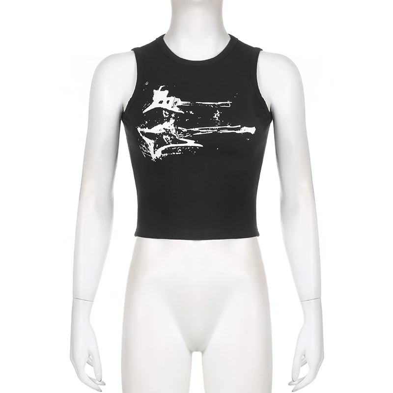 Guitar Print Sleeveless Tank Top Y2K Casual Ribbed Women Grunge Crop Top Harajuku Fashion Vest Tee 90s Street Outfits