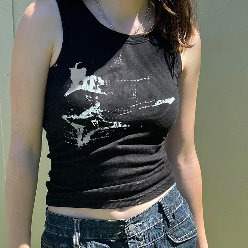 Guitar Print Sleeveless Tank Top Y2K Casual Ribbed Women Grunge Crop Top Harajuku Fashion Vest Tee 90s Street Outfits