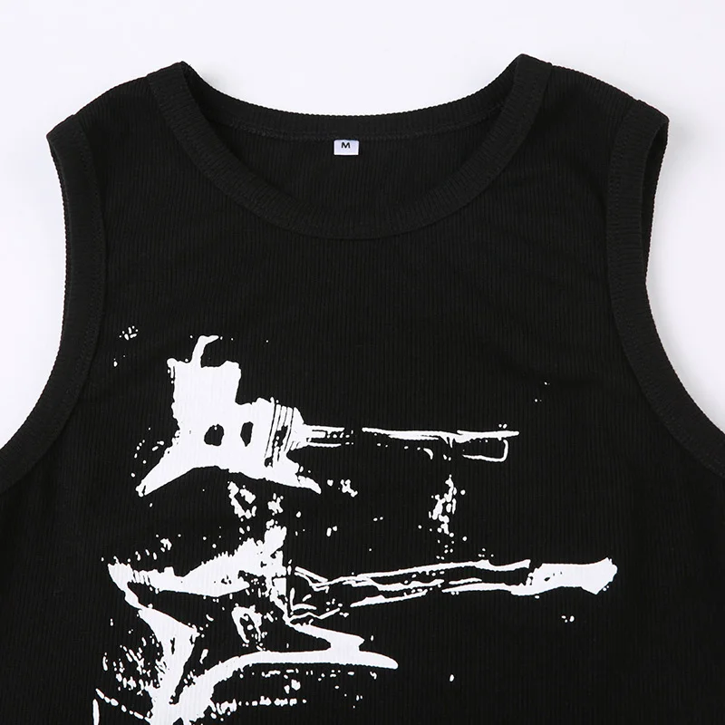Guitar Print Sleeveless Tank Top Y2K Casual Ribbed Women Grunge Crop Top Harajuku Fashion Vest Tee 90s Street Outfits