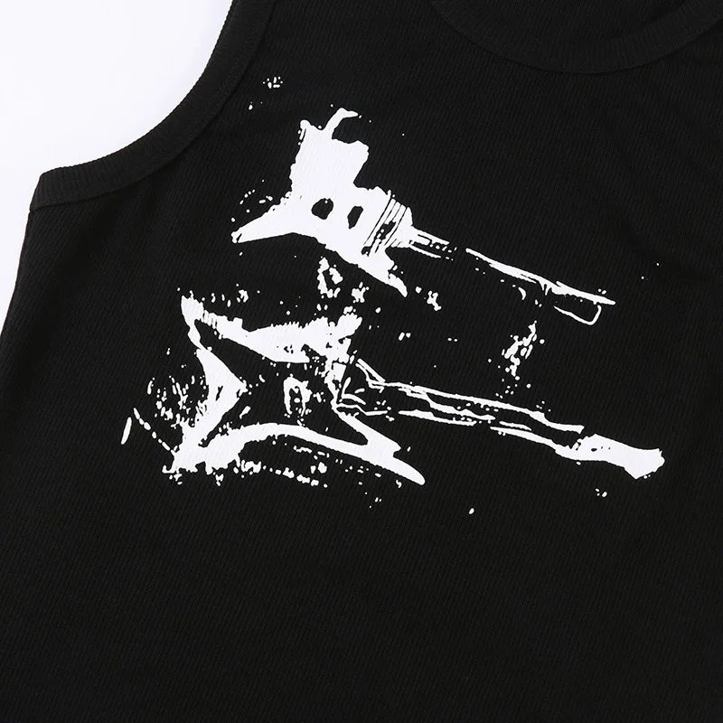 Guitar Print Sleeveless Tank Top Y2K Casual Ribbed Women Grunge Crop Top Harajuku Fashion Vest Tee 90s Street Outfits