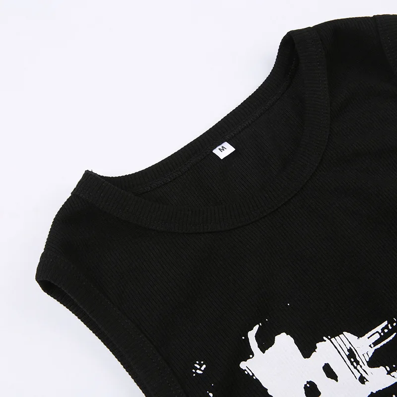 Guitar Print Sleeveless Tank Top Y2K Casual Ribbed Women Grunge Crop Top Harajuku Fashion Vest Tee 90s Street Outfits