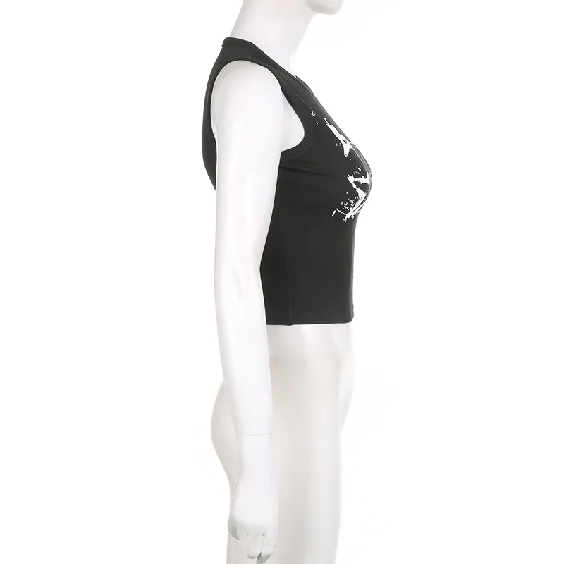 Guitar Print Sleeveless Tank Top Y2K Casual Ribbed Women Grunge Crop Top Harajuku Fashion Vest Tee 90s Street Outfits