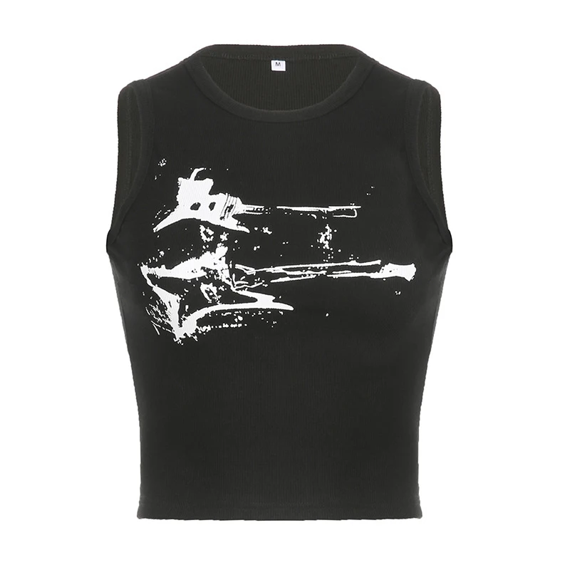 Guitar Print Sleeveless Tank Top Y2K Casual Ribbed Women Grunge Crop Top Harajuku Fashion Vest Tee 90s Street Outfits