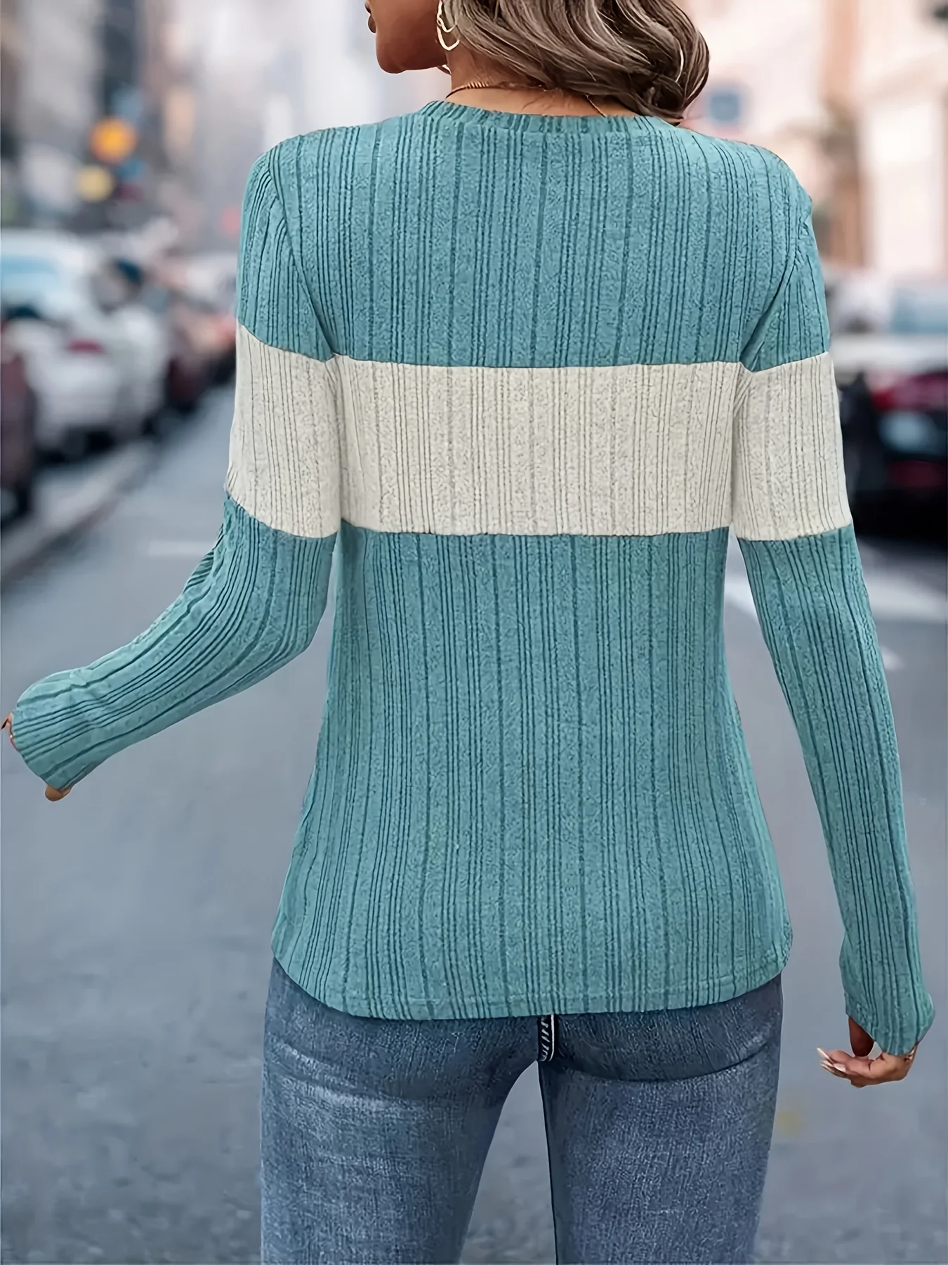 Autumn new style elegant casual women's European and American style knitted long-sleeved contrast-colored slim-fitting top