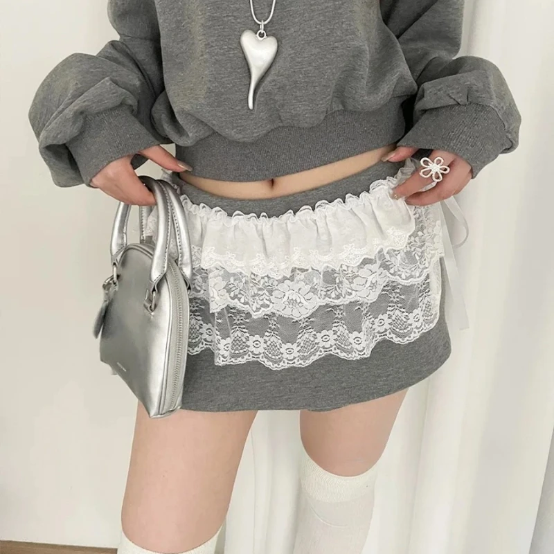 Women Y2K Korean Lace Mini Layered Skirt Streetwear Lace Up Ruffles Harajuku High Waist Pleated Ladies Jupe Skirts Clothes