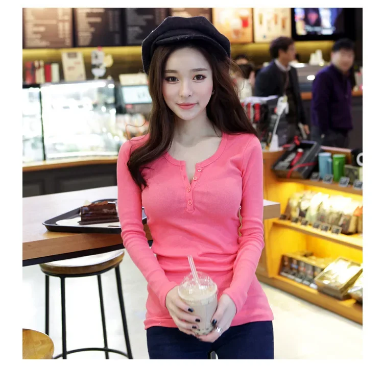 Women Ribbed Long Sleeve T Shirt Stretch Slim Fit Button Placket Casual Autumn Winter Basic Inner Wear Blouse