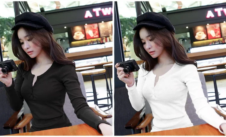 Women Ribbed Long Sleeve T Shirt Stretch Slim Fit Button Placket Casual Autumn Winter Basic Inner Wear Blouse