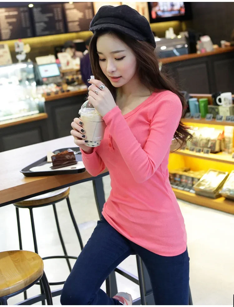 Women Ribbed Long Sleeve T Shirt Stretch Slim Fit Button Placket Casual Autumn Winter Basic Inner Wear Blouse