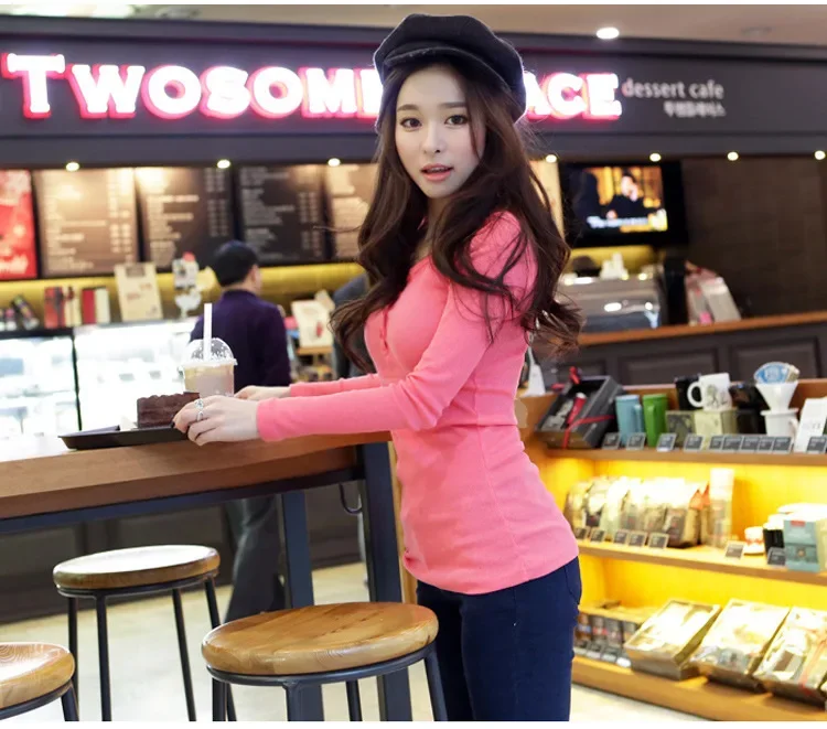 Women Ribbed Long Sleeve T Shirt Stretch Slim Fit Button Placket Casual Autumn Winter Basic Inner Wear Blouse