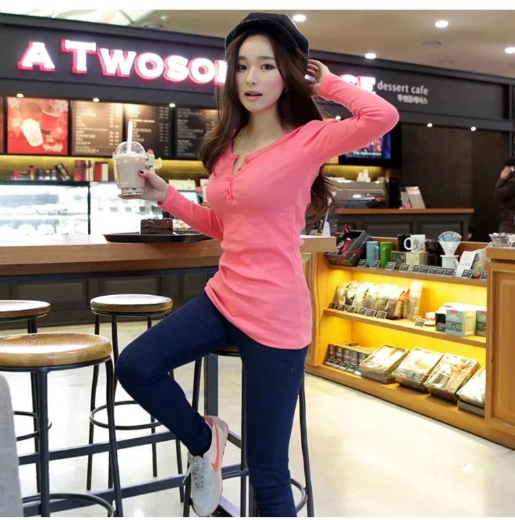 Women Ribbed Long Sleeve T Shirt Stretch Slim Fit Button Placket Casual Autumn Winter Basic Inner Wear Blouse