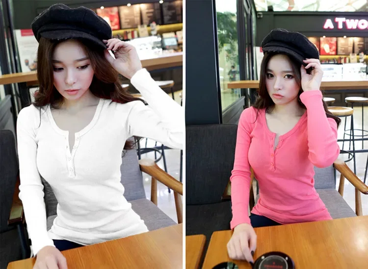 Women Ribbed Long Sleeve T Shirt Stretch Slim Fit Button Placket Casual Autumn Winter Basic Inner Wear Blouse