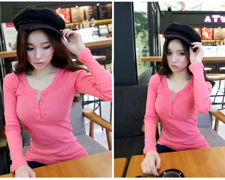 Women Ribbed Long Sleeve T Shirt Stretch Slim Fit Button Placket Casual Autumn Winter Basic Inner Wear Blouse