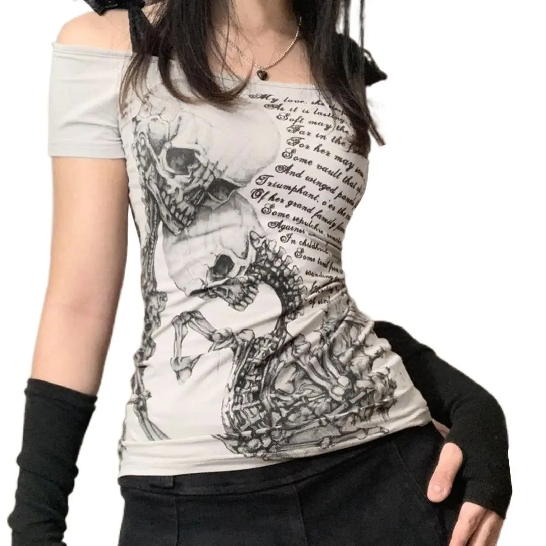 Harajuku Lace Patchwork Short Sleeve T-shirt Women Slim Chic Skull Print T-shirt Women Punk Aesthetic Hottie Tops Streetwear