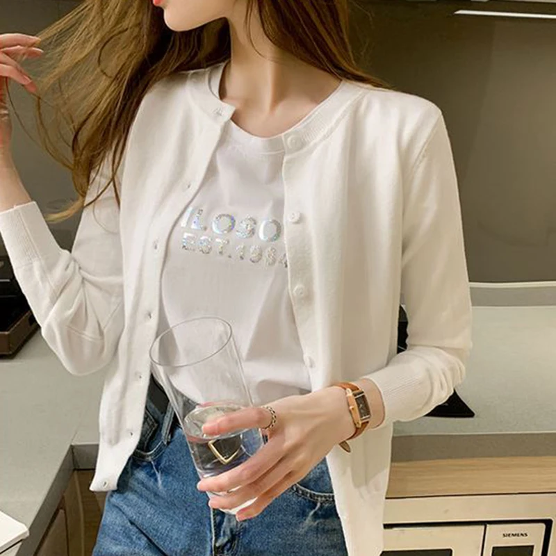 Rimocy Knitted Cardigan Jacket Women 2025 Spring Autumn Round Neck Casual Cardigans Woman Solid Color Slim Korean Jumpers Female