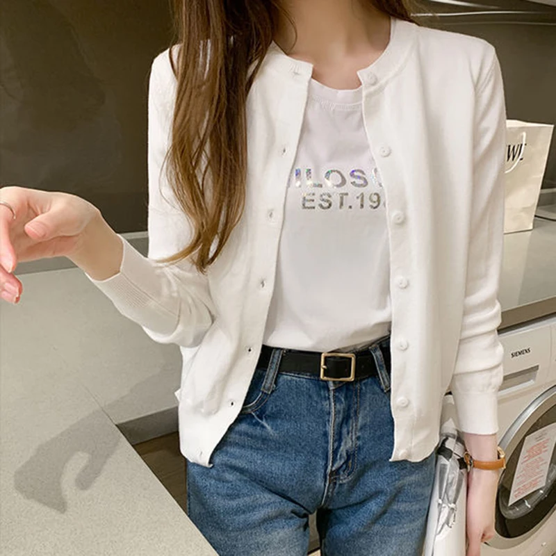 Rimocy Knitted Cardigan Jacket Women 2025 Spring Autumn Round Neck Casual Cardigans Woman Solid Color Slim Korean Jumpers Female