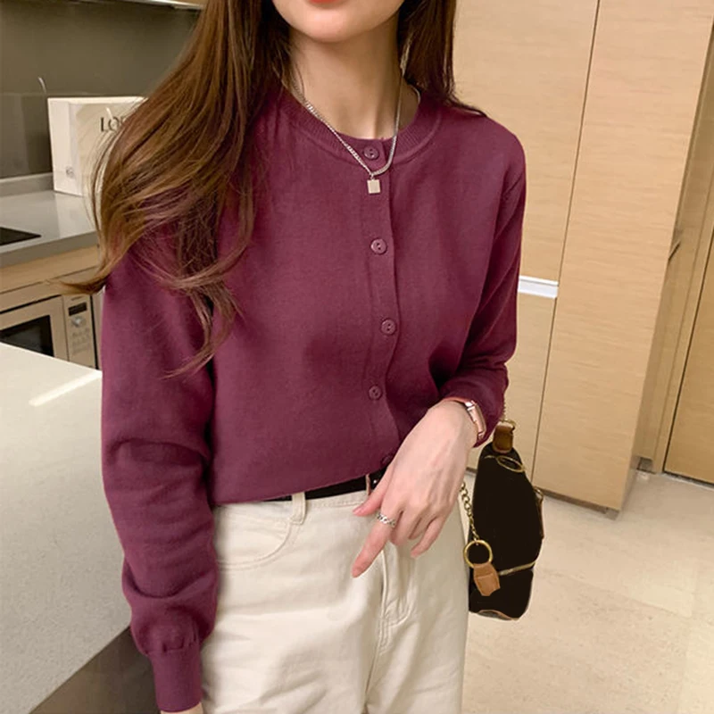 Rimocy Knitted Cardigan Jacket Women 2025 Spring Autumn Round Neck Casual Cardigans Woman Solid Color Slim Korean Jumpers Female