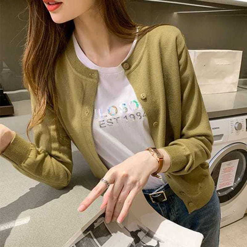 Rimocy Knitted Cardigan Jacket Women 2025 Spring Autumn Round Neck Casual Cardigans Woman Solid Color Slim Korean Jumpers Female