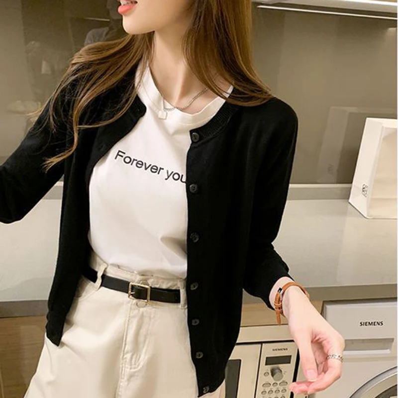Rimocy Knitted Cardigan Jacket Women 2025 Spring Autumn Round Neck Casual Cardigans Woman Solid Color Slim Korean Jumpers Female