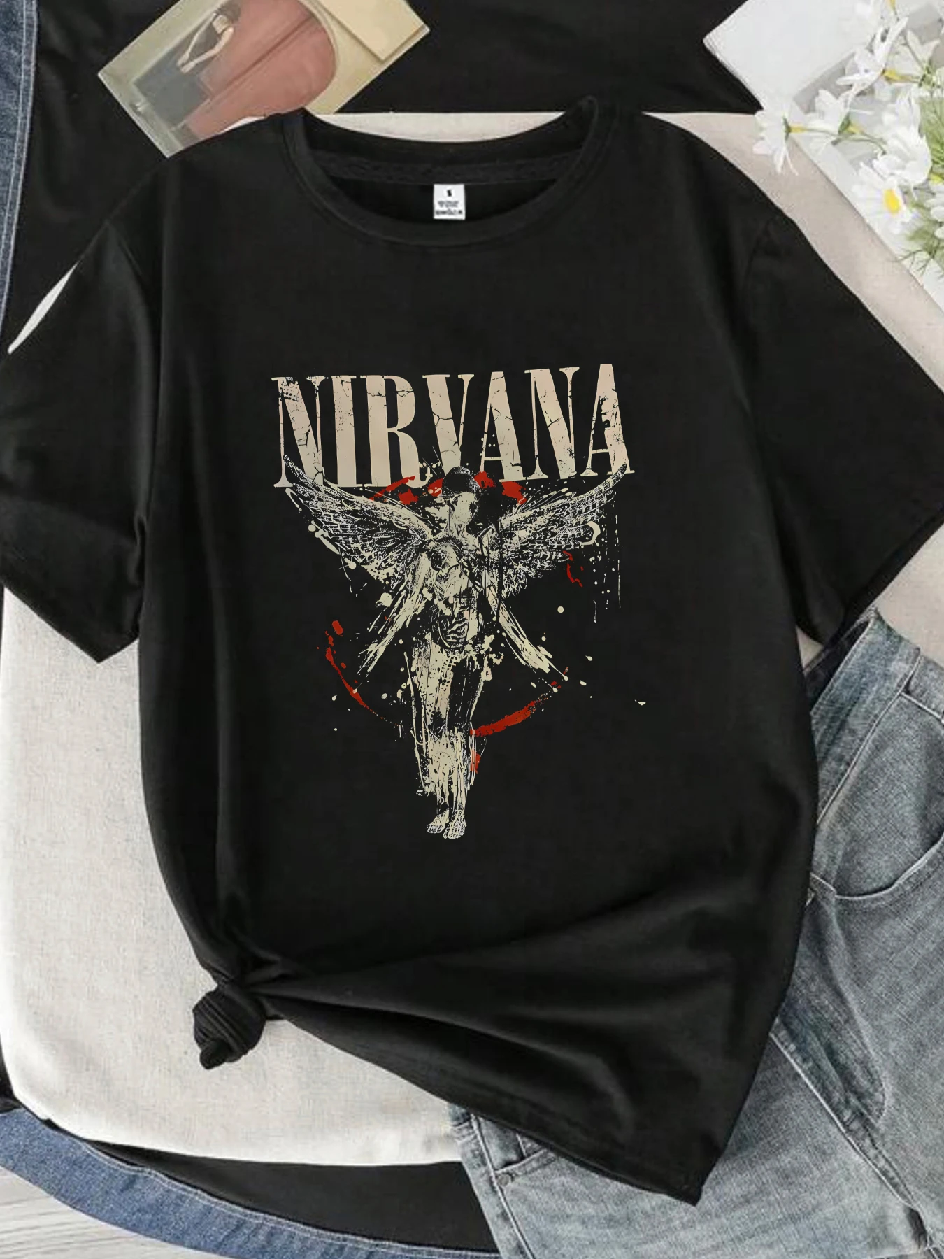 【0933】 Letters and angels Round neck women's T-shirt short sleeves fashion printed half-sleeve top elastic T-shirt