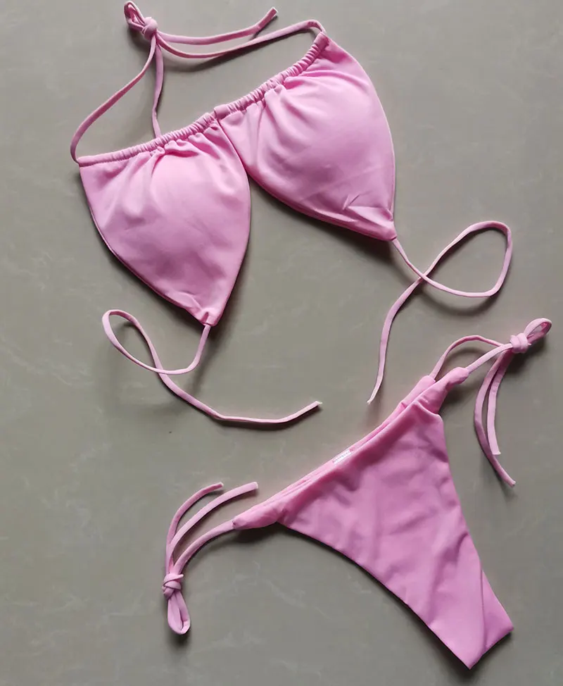 Summer Sexy Bikini set Push-up padded Bra Thong Split Swimwear Female Bandage Bathing Suit Adjustable Lacing Swimsuit Solid