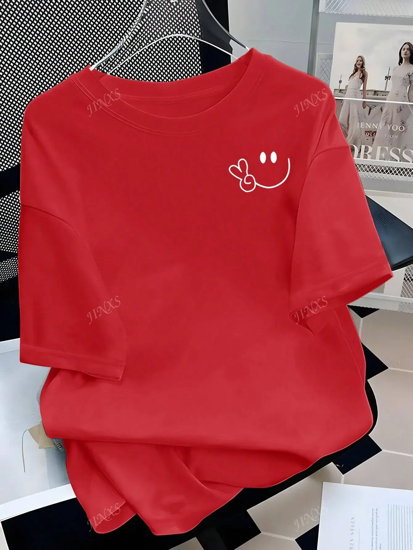 Short Sleeve Round Neck Tops Stylish Tee with Adorable Smile and Peace Sign Design Ideal for Curvy Ladies Into Playful Fashion