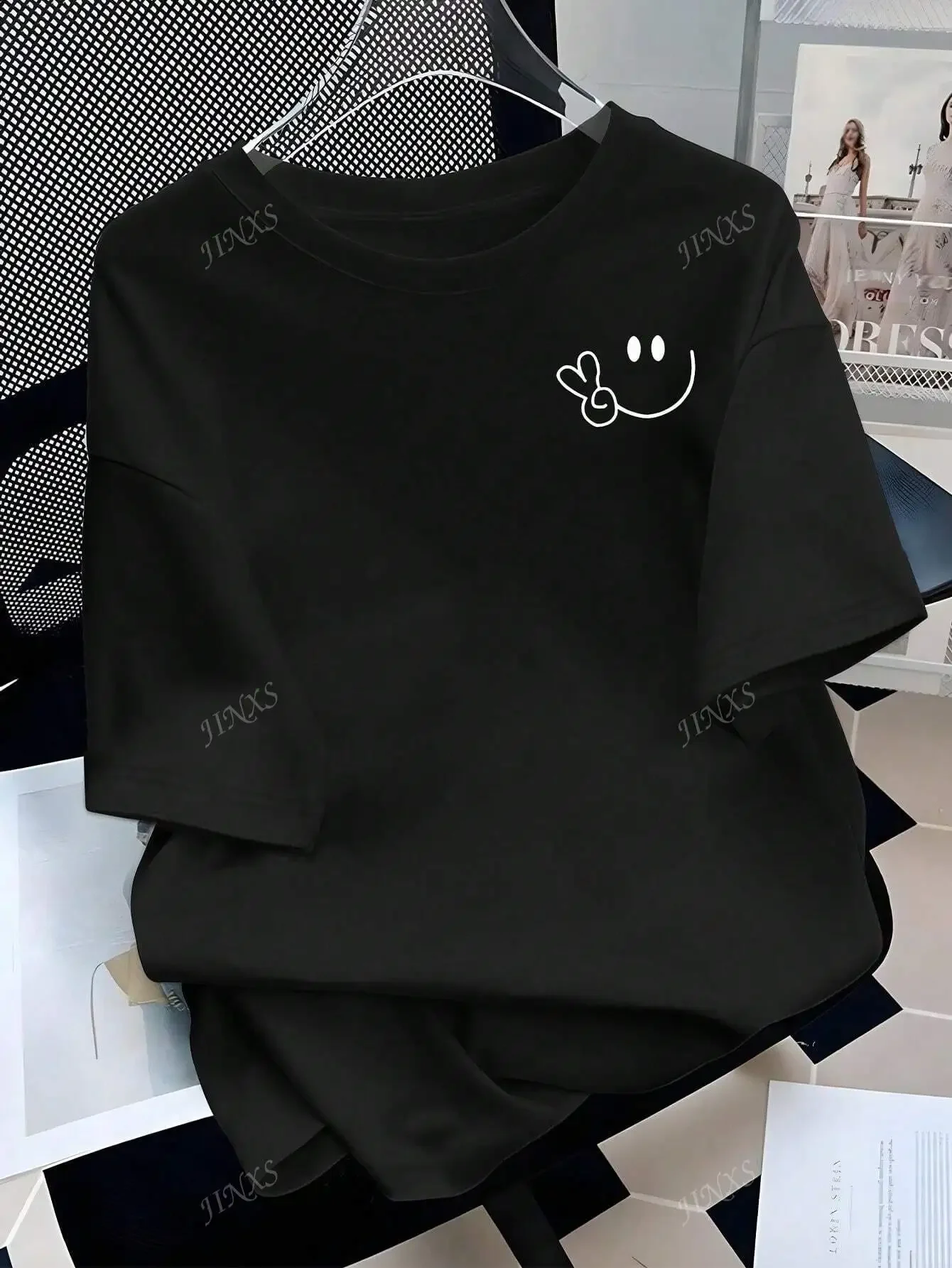 Short Sleeve Round Neck Tops Stylish Tee with Adorable Smile and Peace Sign Design Ideal for Curvy Ladies Into Playful Fashion