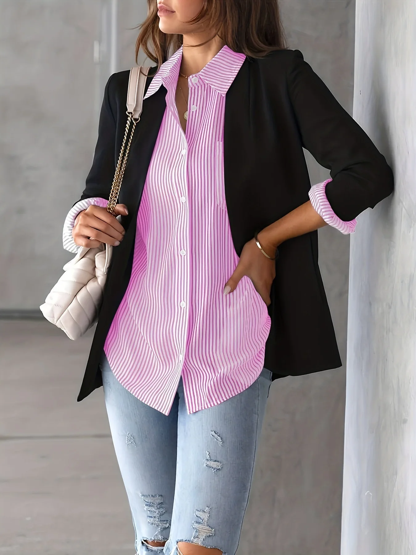 Women Long Sleeve Striped Loose Shirt Office Lady Elegant Turn Down Collar Harajuku Blouse Casual Lapel Tops Female Clothes