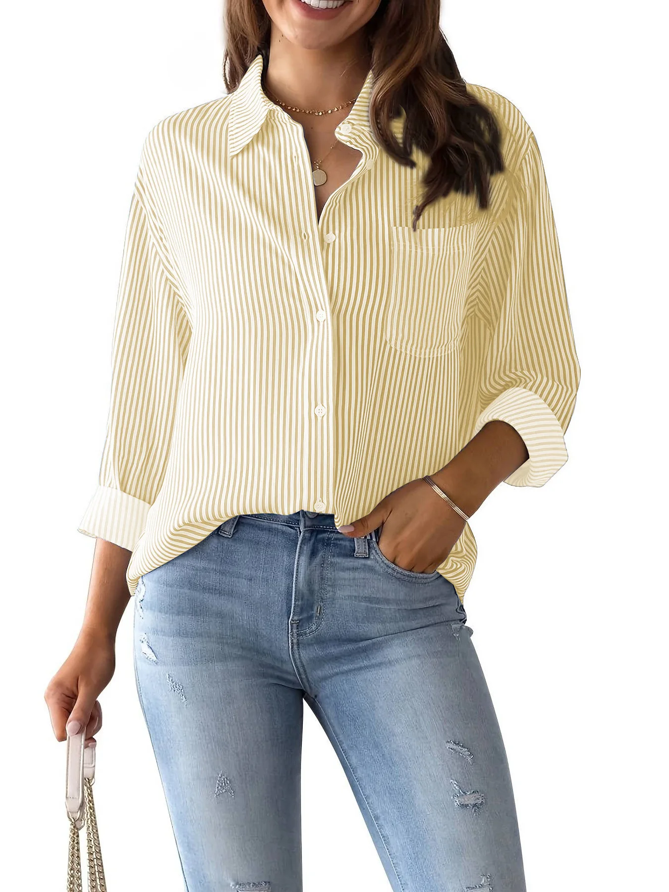 Women Long Sleeve Striped Loose Shirt Office Lady Elegant Turn Down Collar Harajuku Blouse Casual Lapel Tops Female Clothes