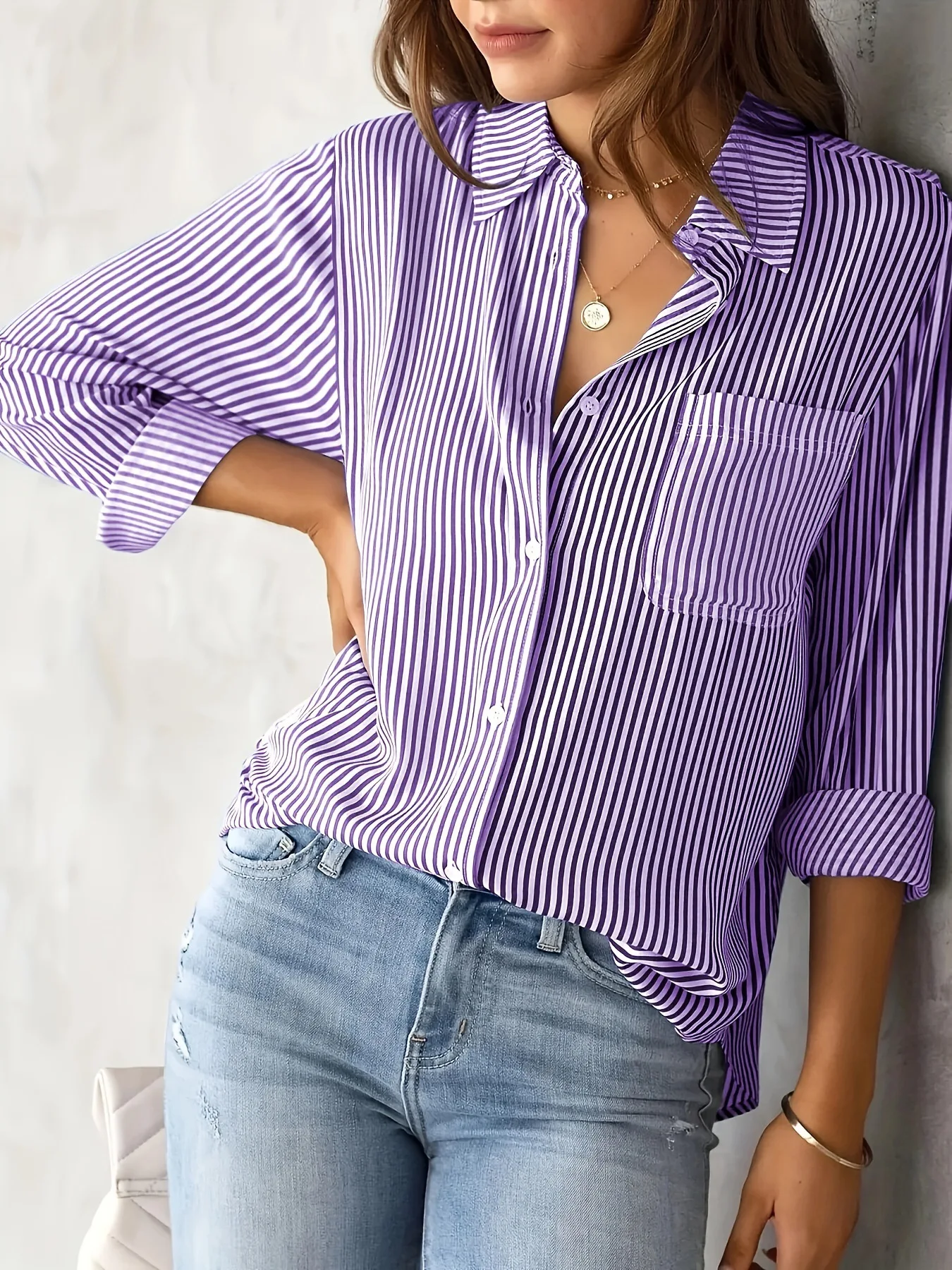 Women Long Sleeve Striped Loose Shirt Office Lady Elegant Turn Down Collar Harajuku Blouse Casual Lapel Tops Female Clothes