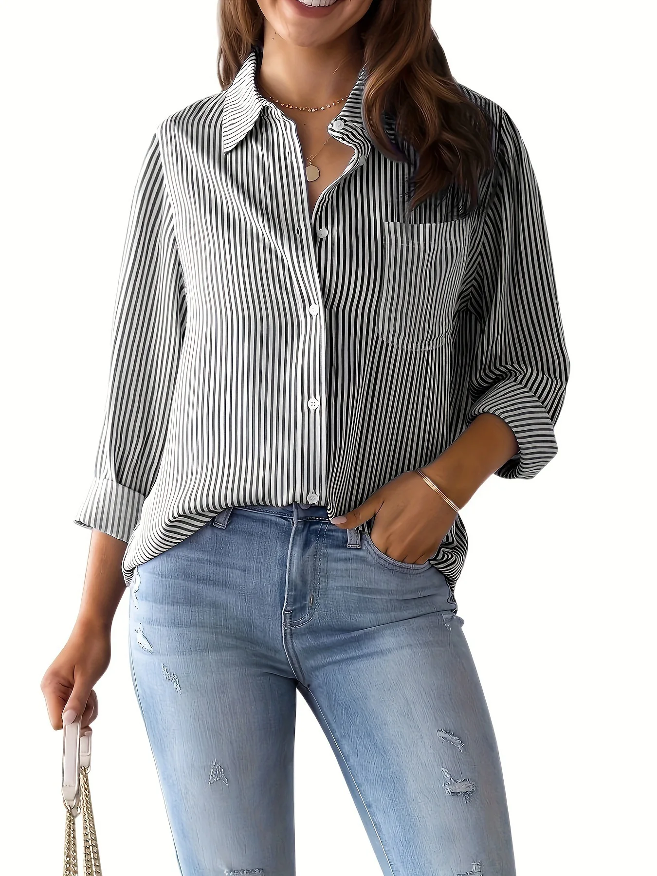 Women Long Sleeve Striped Loose Shirt Office Lady Elegant Turn Down Collar Harajuku Blouse Casual Lapel Tops Female Clothes