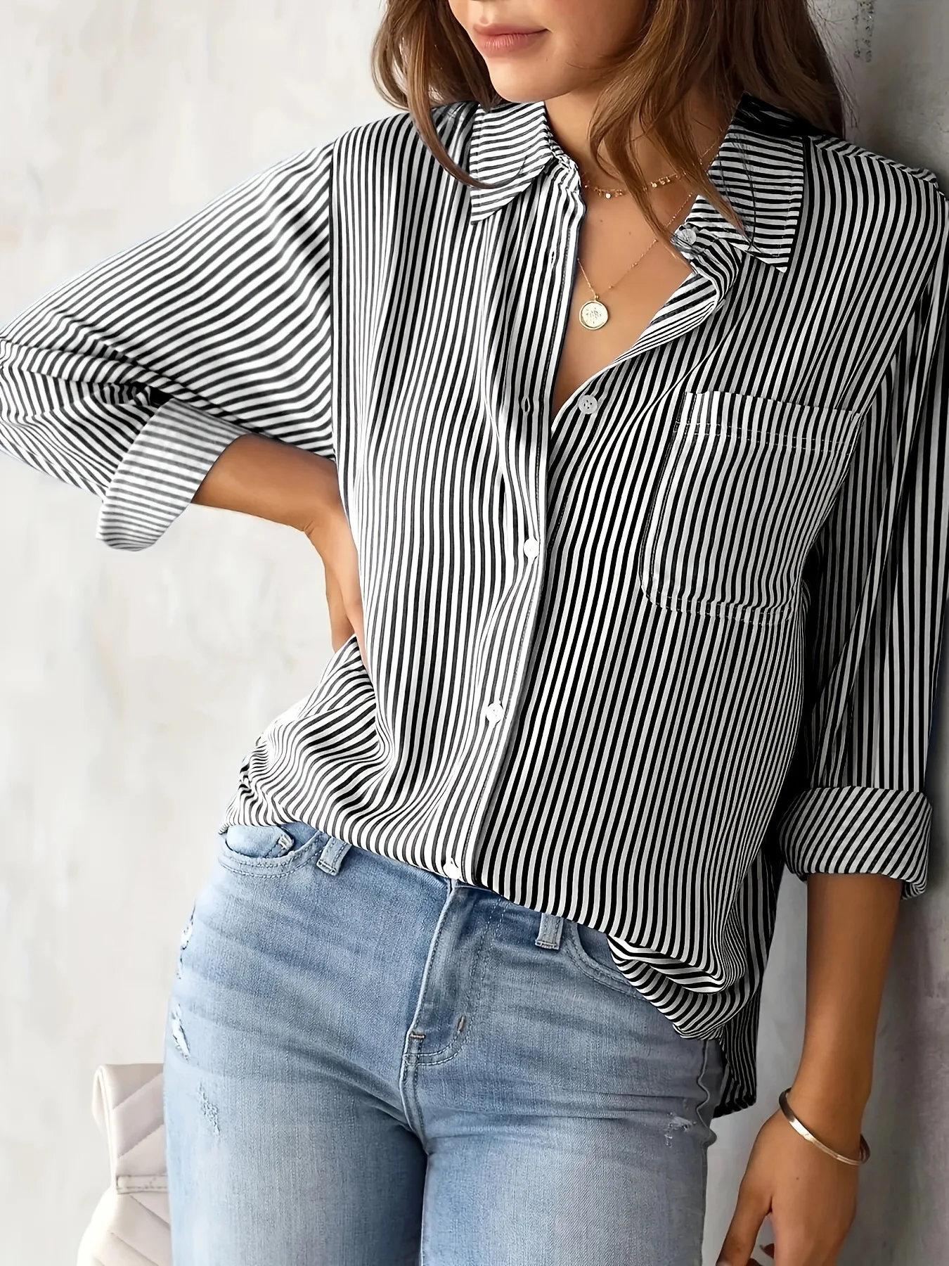 Women Long Sleeve Striped Loose Shirt Office Lady Elegant Turn Down Collar Harajuku Blouse Casual Lapel Tops Female Clothes