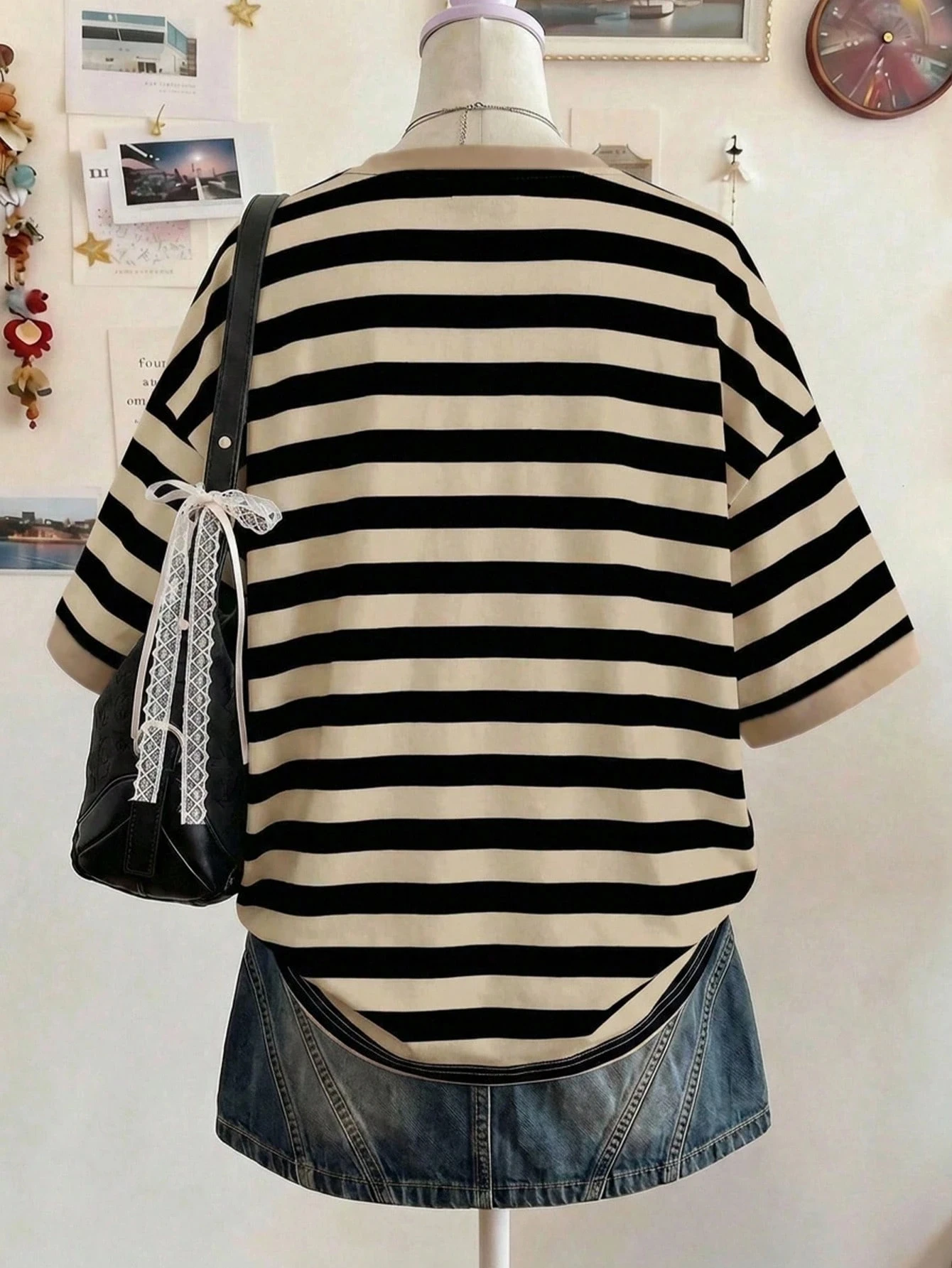 Women's Striped O-Neck Short Sleeve Contrast Color Oversized Tee Beige Summer Casual School Top Fashionable Elegant Y2K Style