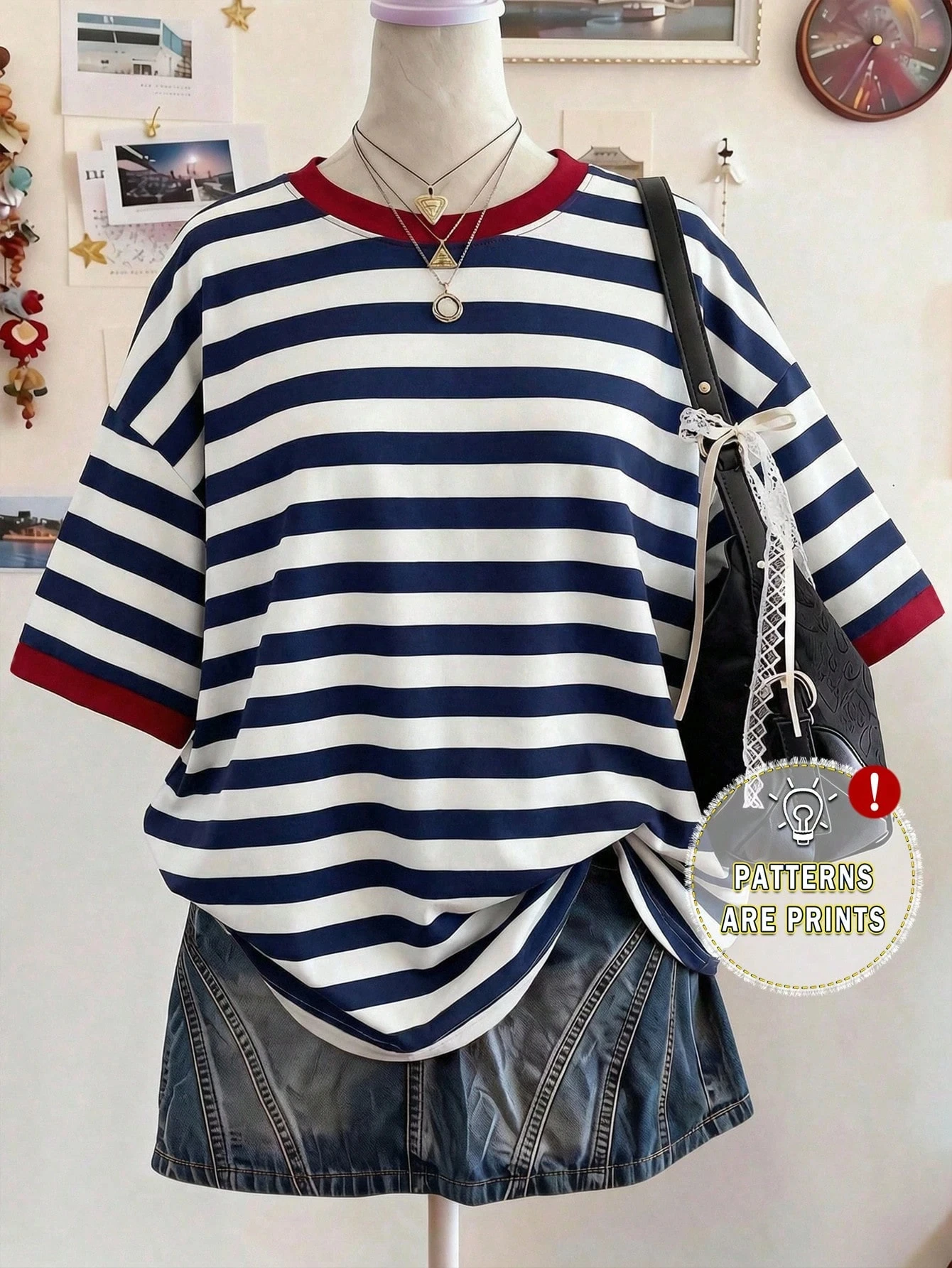 Women's Striped O-Neck Short Sleeve Contrast Color Oversized Tee Beige Summer Casual School Top Fashionable Elegant Y2K Style
